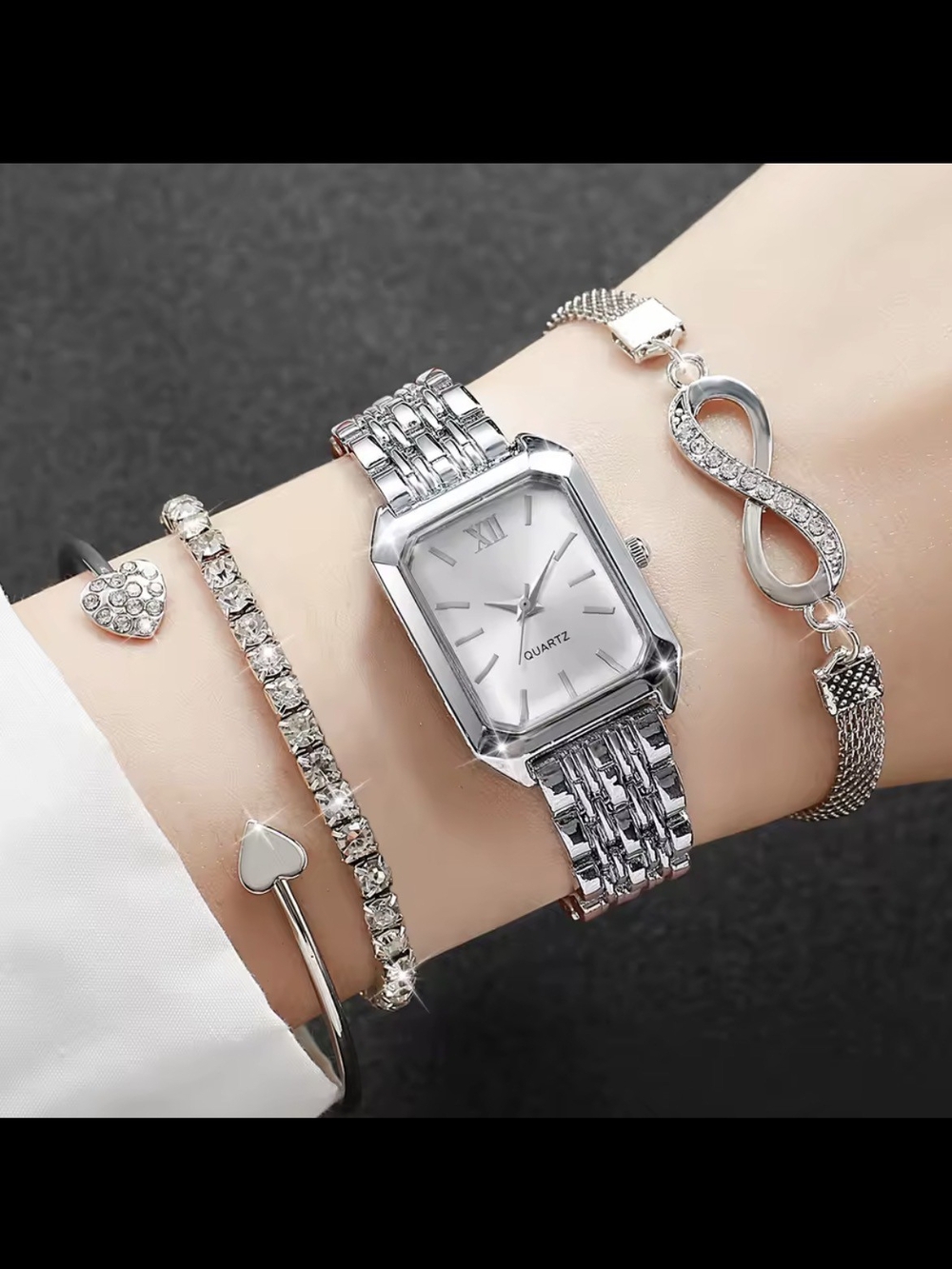 Silver Women's Rectangle Bracelet Watch with Classic Link Band
